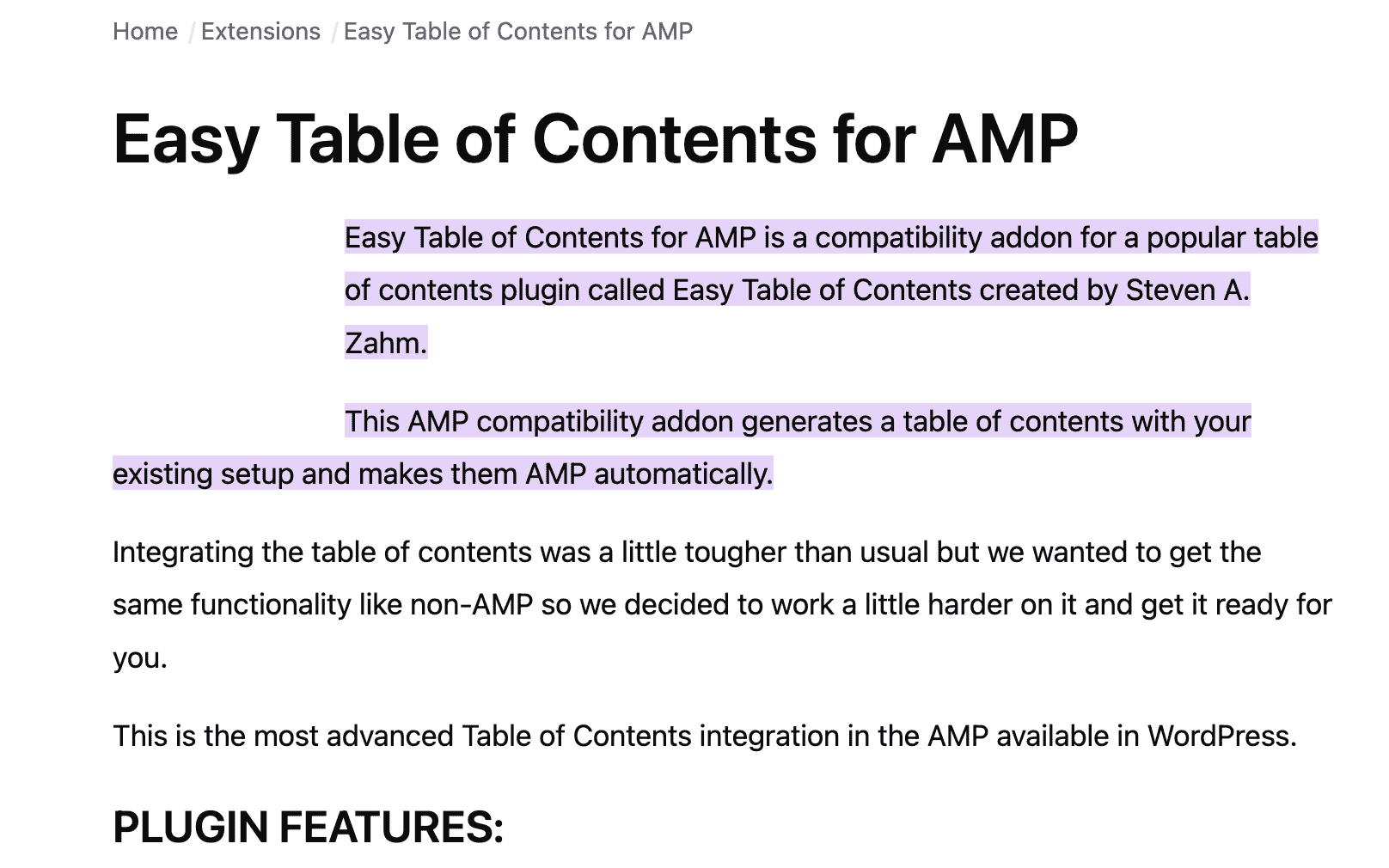 Easy Table of Contents for AMP