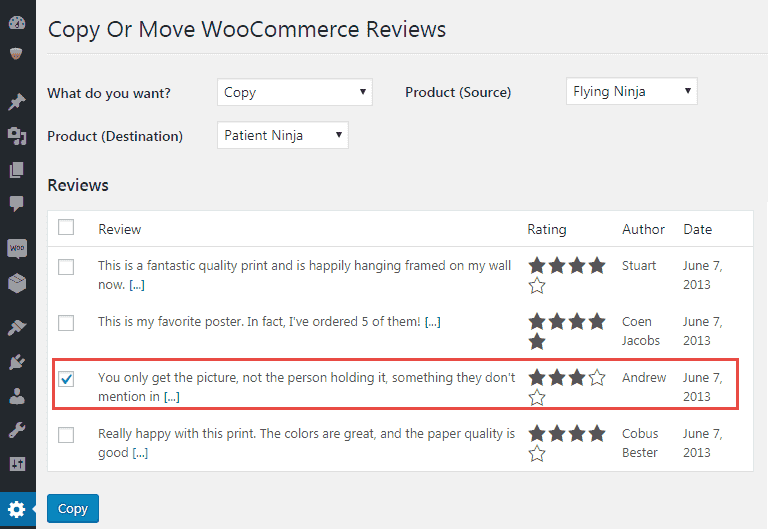 Copy or Move WooCommerce Reviews